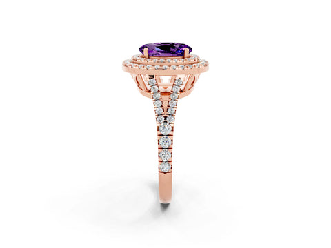 Rose gold Oval Cut Amethyst Double Halo Ring with Pavé Band and Prong Setting_14