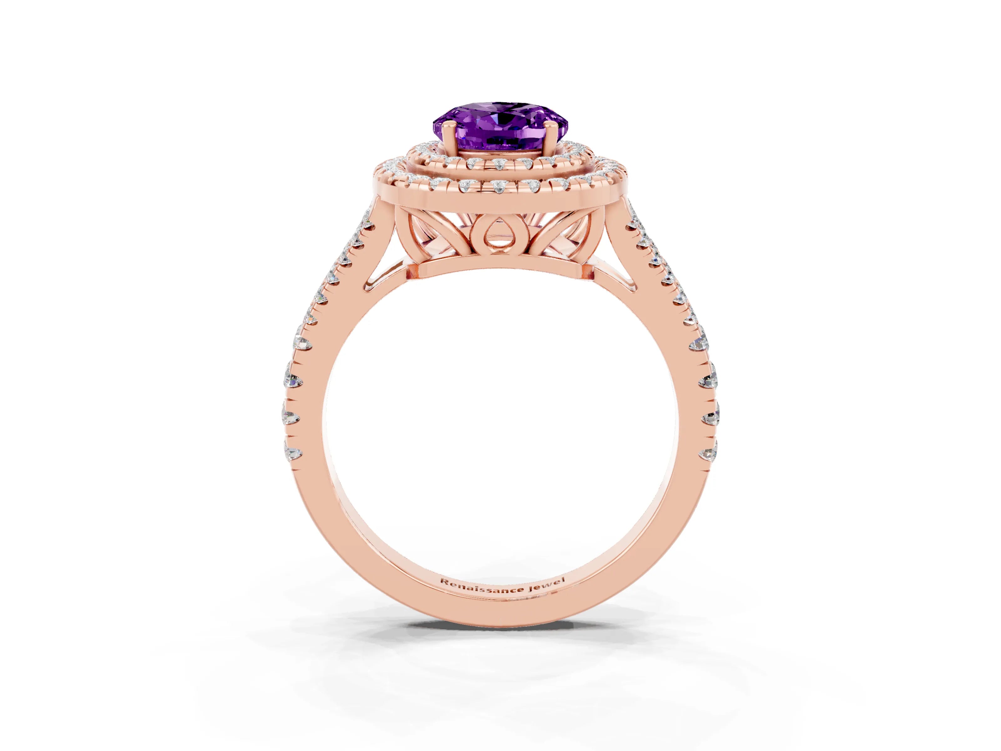 Rose gold Oval Cut Amethyst Double Halo Ring with Pavé Band and Prong Setting_15