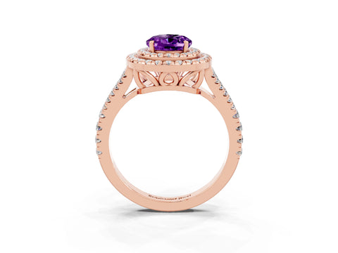 Rose gold Oval Cut Amethyst Double Halo Ring with Pavé Band and Prong Setting_15