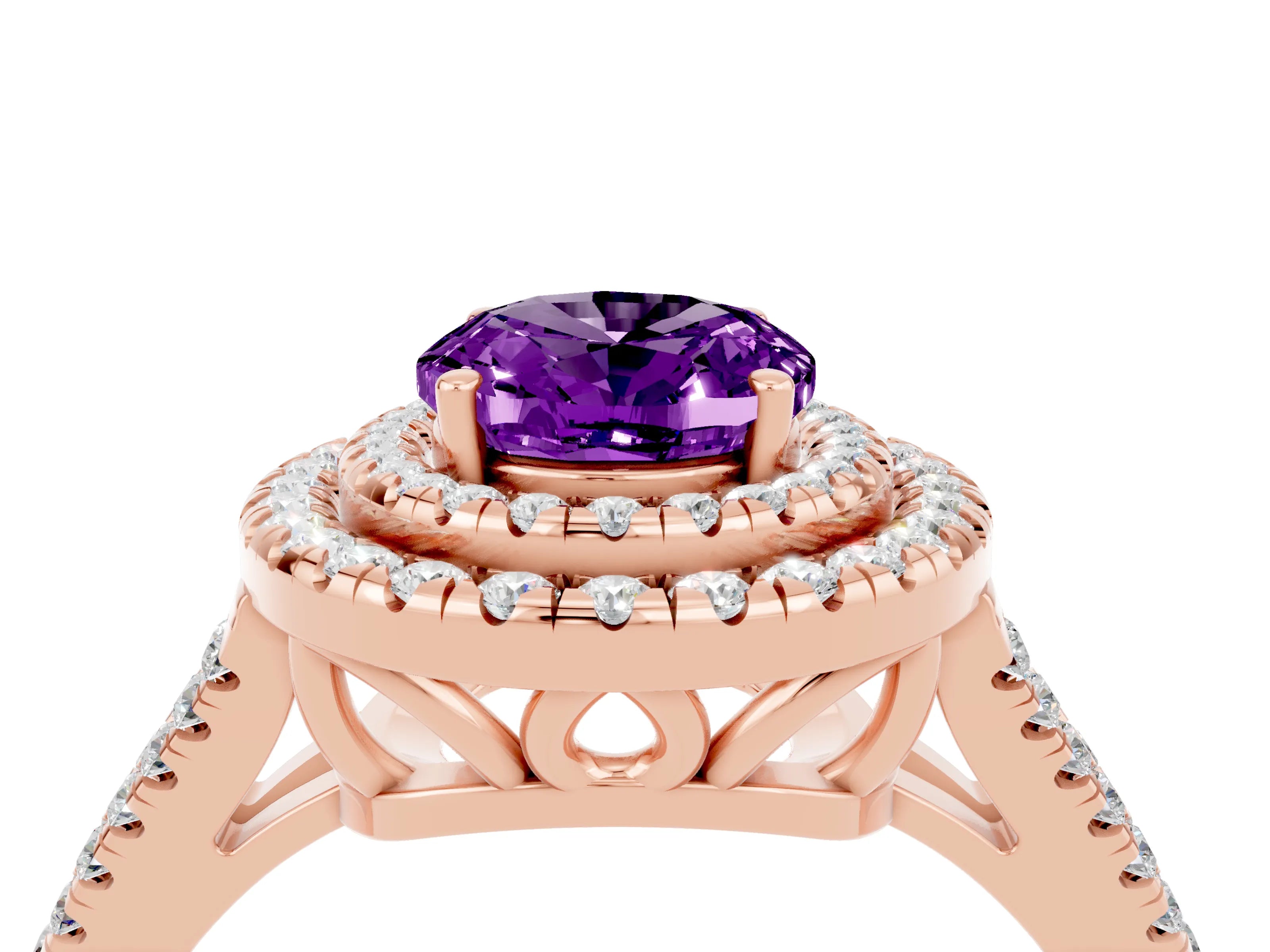 Rose gold Oval Cut Amethyst Double Halo Ring with Pavé Band and Prong Setting_16