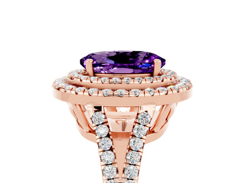 Rose gold Oval Cut Amethyst Double Halo Ring with Pavé Band and Prong Setting_17