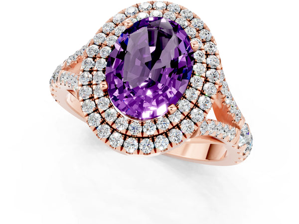 Rose gold Oval Cut Amethyst Double Halo Ring with Split Shank and Prong Setting