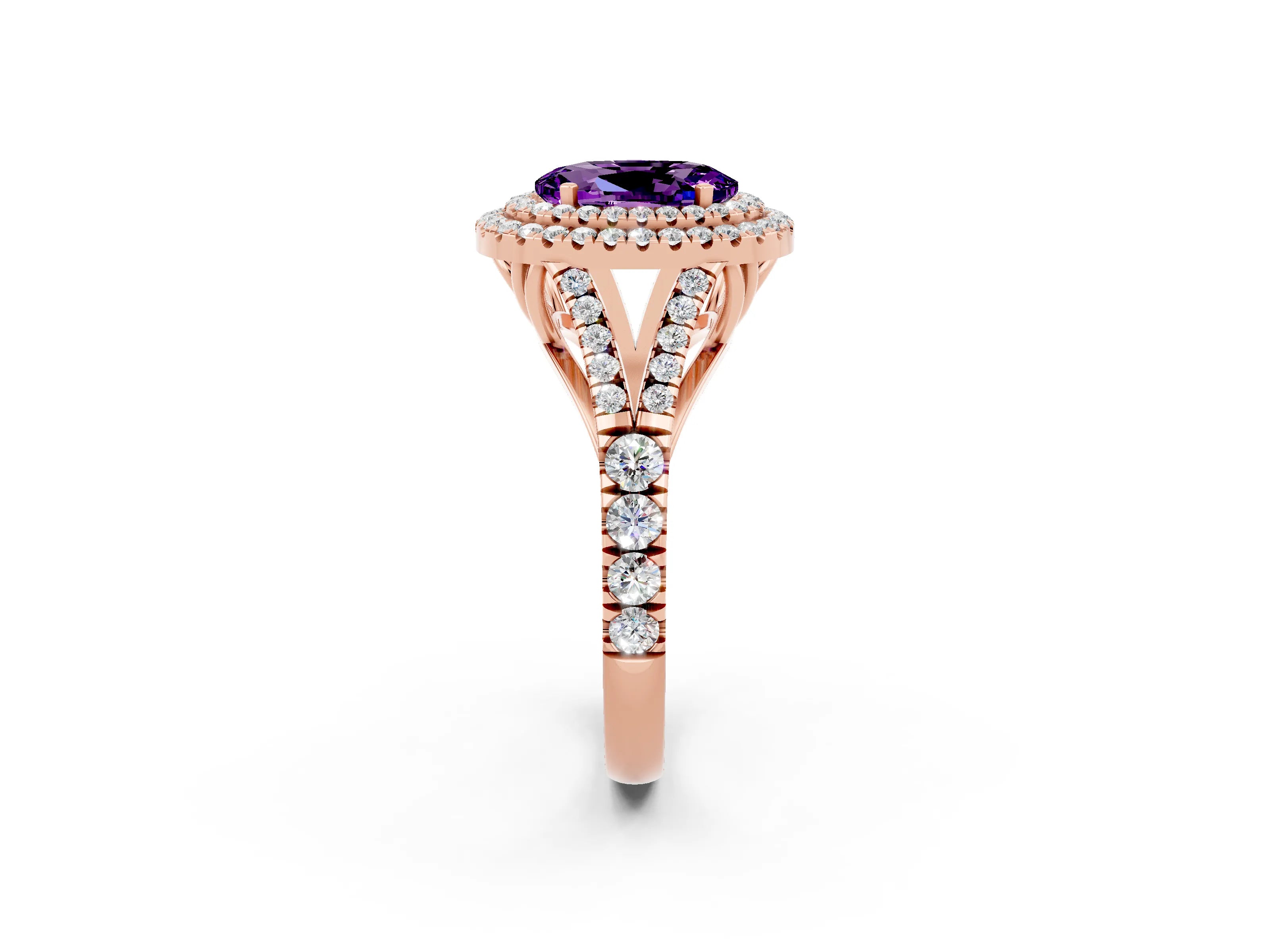 Rose gold Oval Cut Amethyst Double Halo Ring with Split Shank and Prong Setting_14