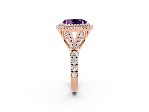 Rose gold Oval Cut Amethyst Double Halo Ring with Split Shank and Prong Setting