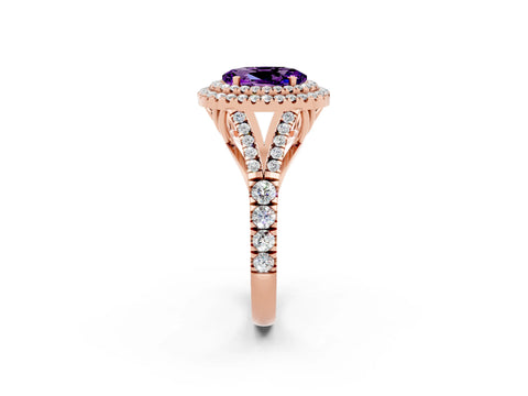 Rose gold Oval Cut Amethyst Double Halo Ring with Split Shank and Prong Setting_14
