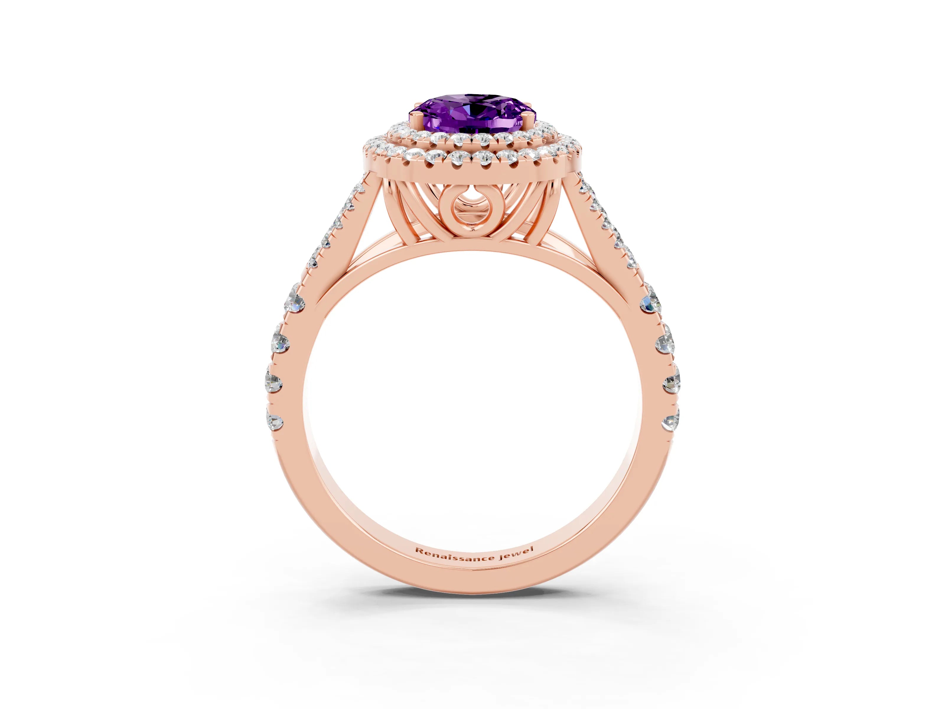 Rose gold Oval Cut Amethyst Double Halo Ring with Split Shank and Prong Setting_15