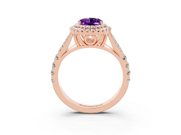 Rose gold Oval Cut Amethyst Double Halo Ring with Split Shank and Prong Setting