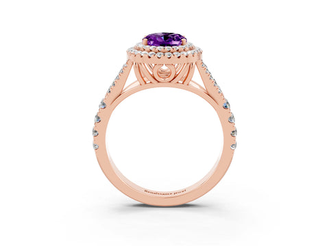 Rose gold Oval Cut Amethyst Double Halo Ring with Split Shank and Prong Setting_15