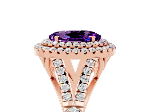 Rose gold Oval Cut Amethyst Double Halo Ring with Split Shank and Prong Setting_17