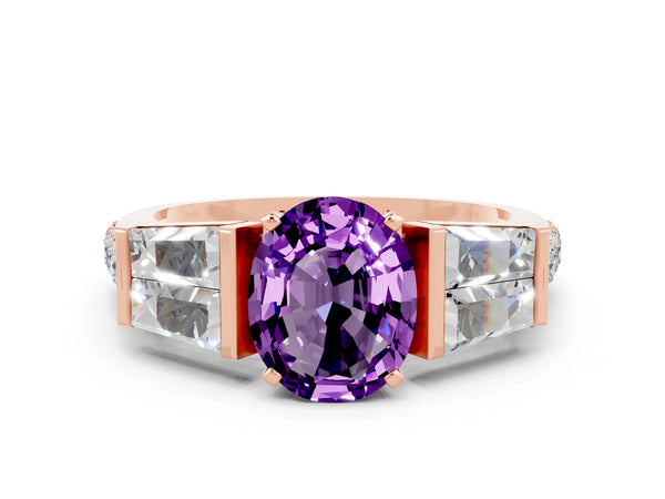 Rose gold Oval Cut Amethyst Engagement Ring with Baguette Side Stones and Channel Set Band