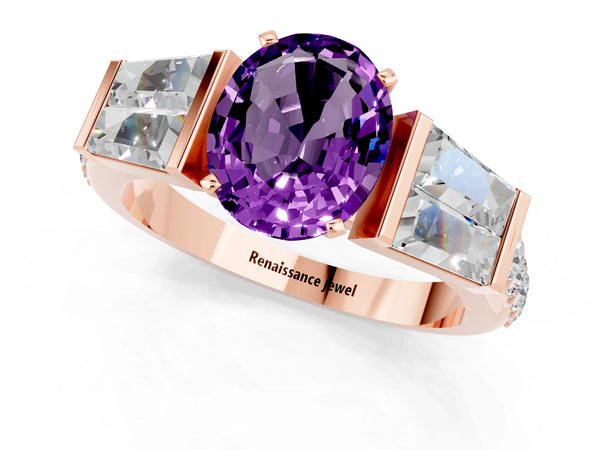 Rose gold Oval Cut Amethyst Engagement Ring with Baguette Side Stones and Channel Set Band