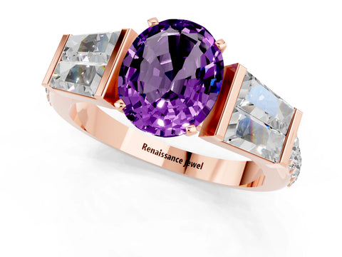 Rose gold Oval Cut Amethyst Engagement Ring with Baguette Side Stones and Channel Set Band_1