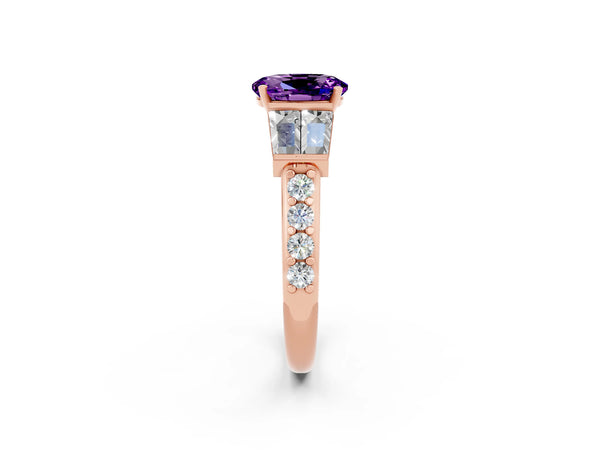 Rose gold Oval Cut Amethyst Engagement Ring with Baguette Side Stones and Channel Set Band
