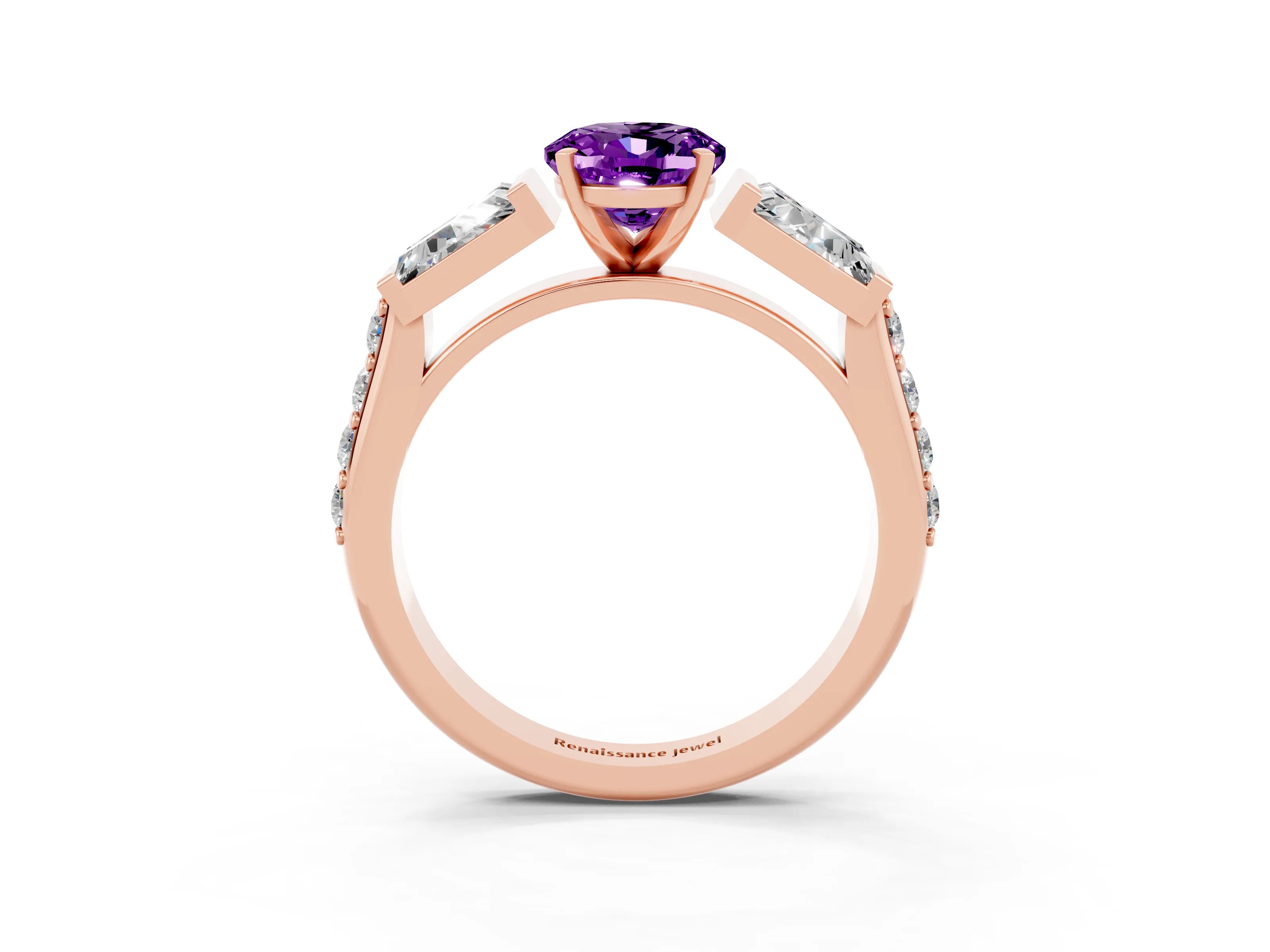 Rose gold Oval Cut Amethyst Engagement Ring with Baguette Side Stones and Channel Set Band_3