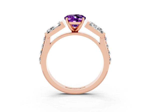 Rose gold Oval Cut Amethyst Engagement Ring with Baguette Side Stones and Channel Set Band