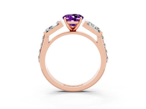 Rose gold Oval Cut Amethyst Engagement Ring with Baguette Side Stones and Channel Set Band_3