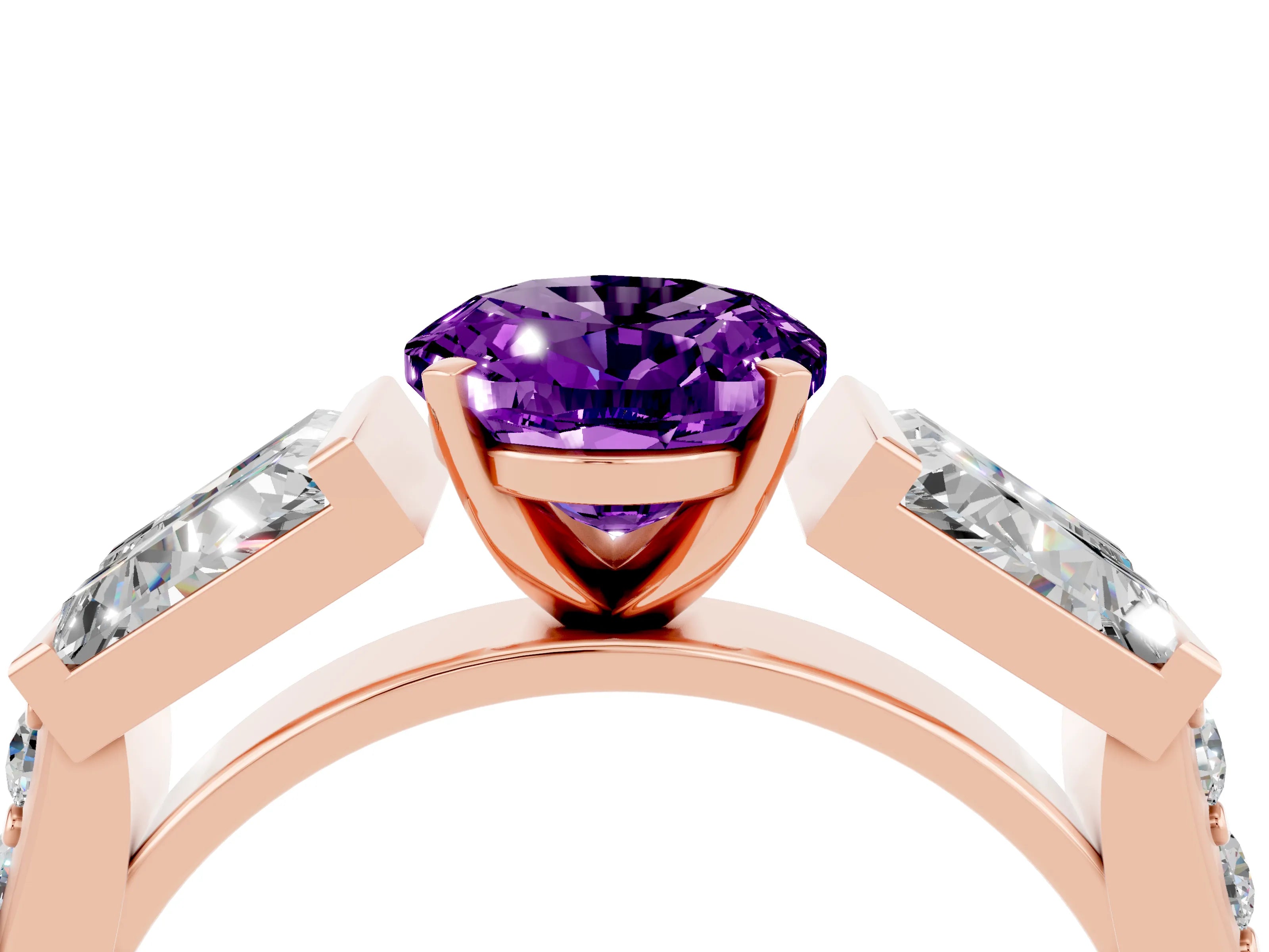 Rose gold Oval Cut Amethyst Engagement Ring with Baguette Side Stones and Channel Set Band_4