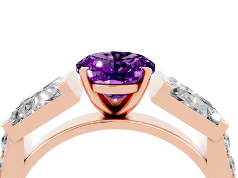 Rose gold Oval Cut Amethyst Engagement Ring with Baguette Side Stones and Channel Set Band_4