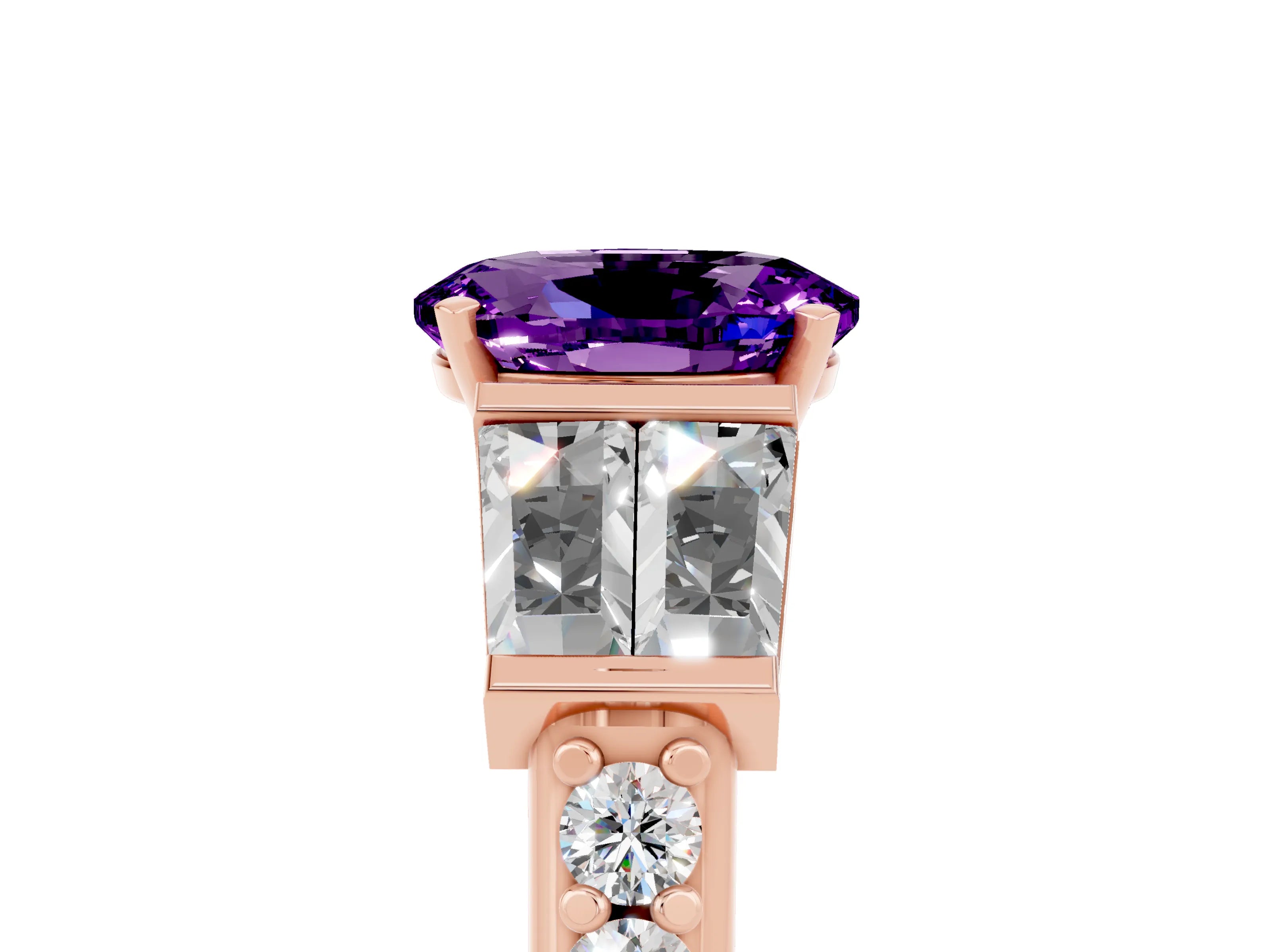 Rose gold Oval Cut Amethyst Engagement Ring with Baguette Side Stones and Channel Set Band_5