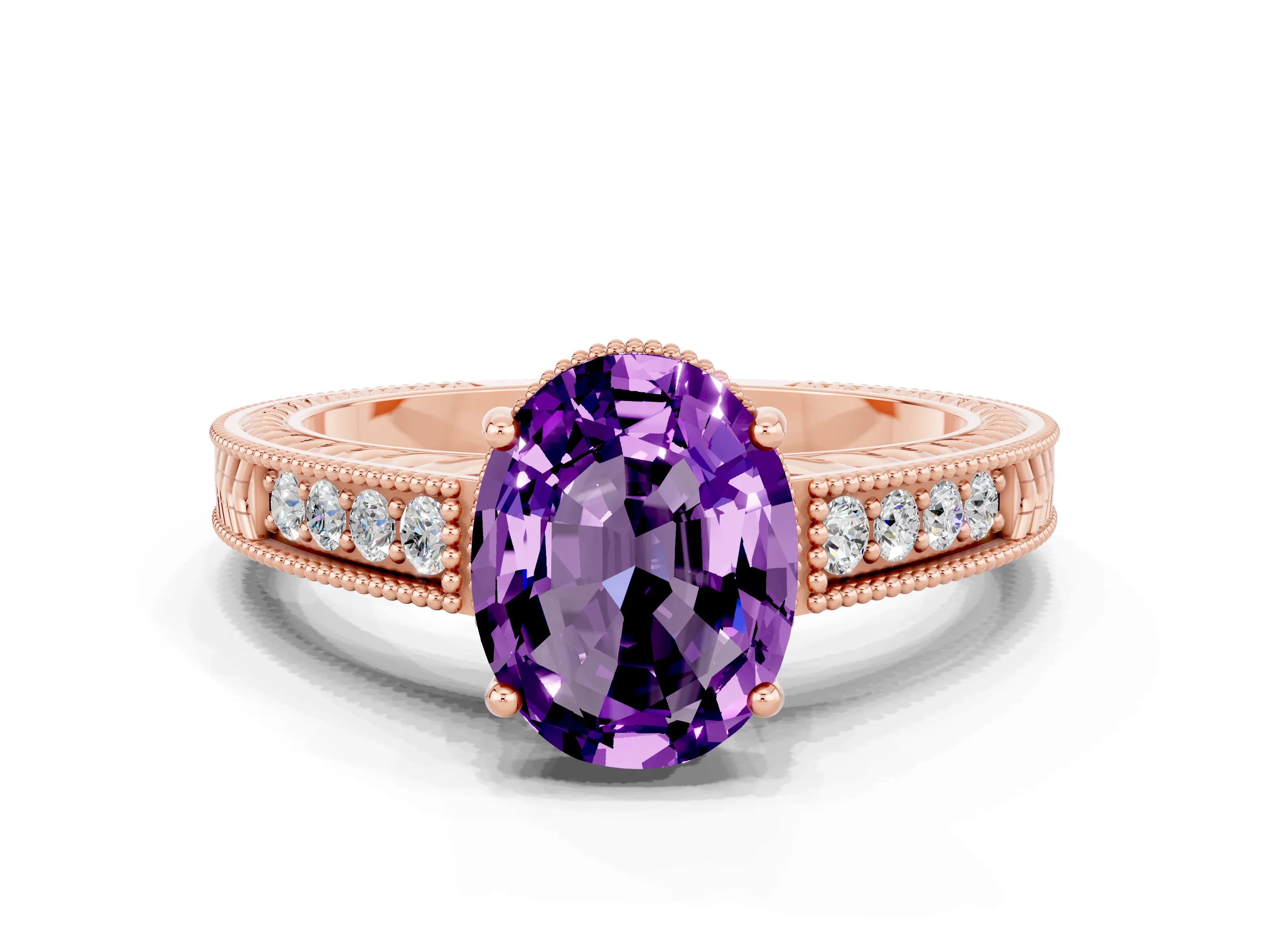 Rose gold Oval Cut Amethyst Engagement Ring with Milgrain Channel Set Band and Prong Setting