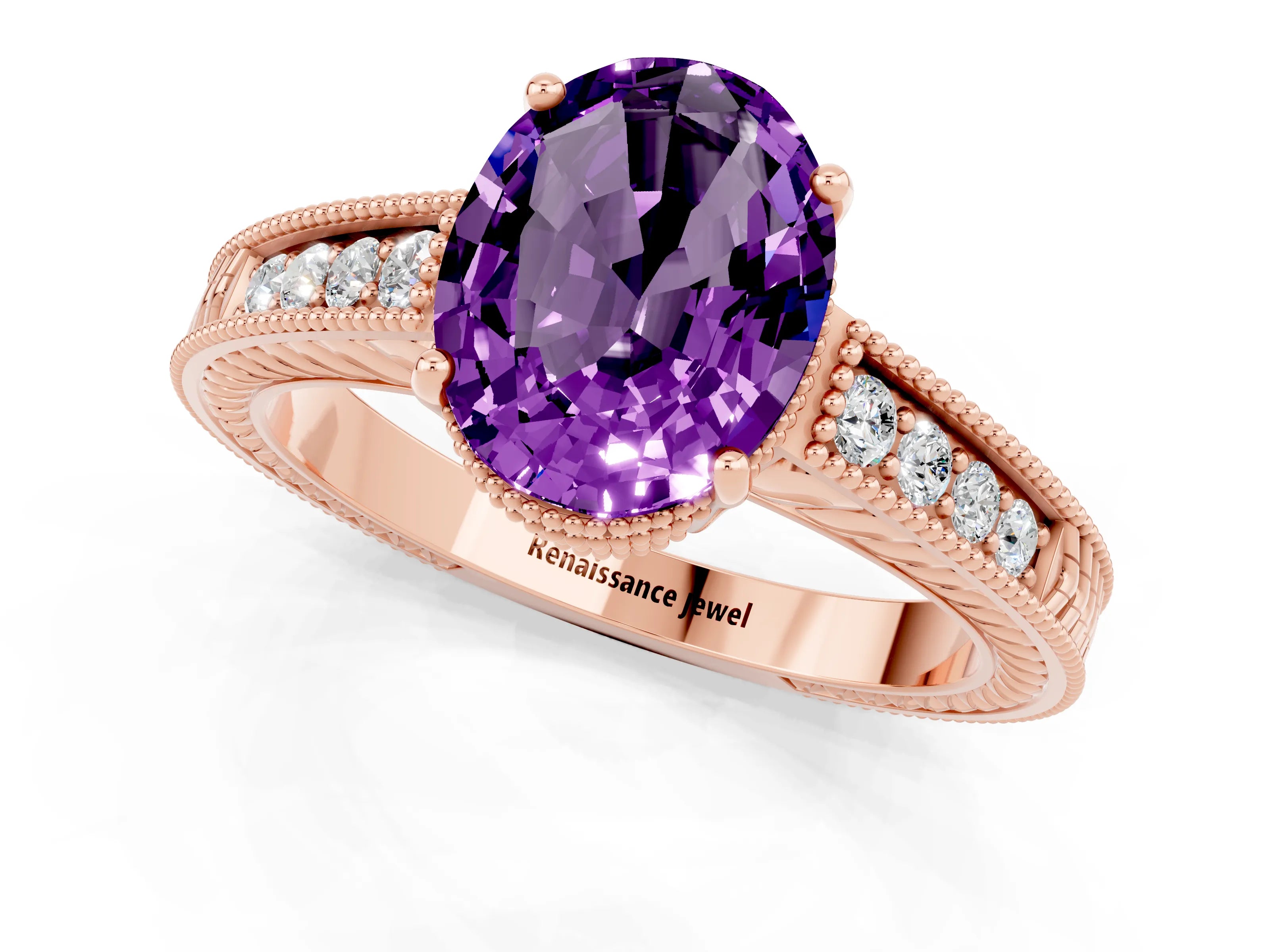 Rose gold Oval Cut Amethyst Engagement Ring with Milgrain Channel Set Band and Prong Setting_1