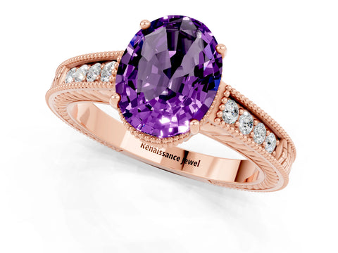 Rose gold Oval Cut Amethyst Engagement Ring with Milgrain Channel Set Band and Prong Setting_1