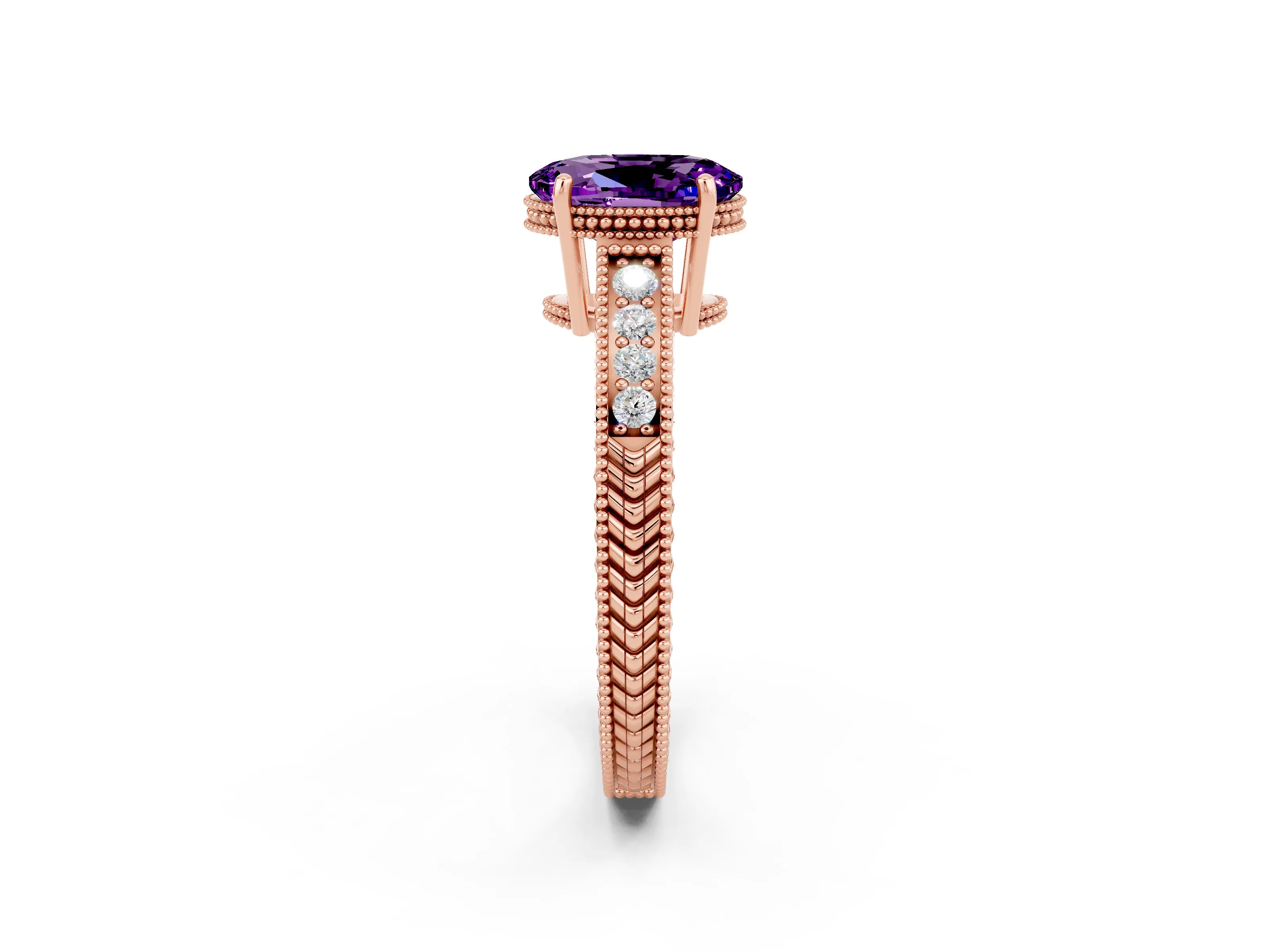 Rose gold Oval Cut Amethyst Engagement Ring with Milgrain Channel Set Band and Prong Setting_2