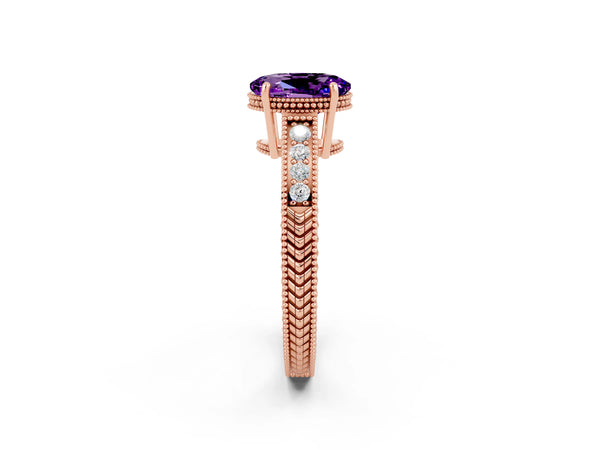 Rose gold Oval Cut Amethyst Engagement Ring with Milgrain Channel Set Band and Prong Setting