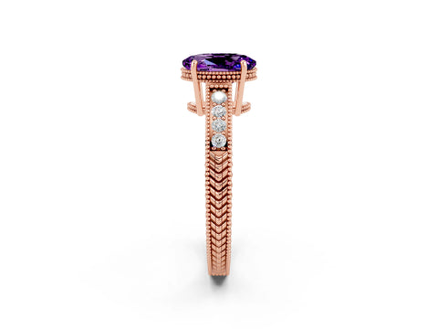 Rose gold Oval Cut Amethyst Engagement Ring with Milgrain Channel Set Band and Prong Setting_2