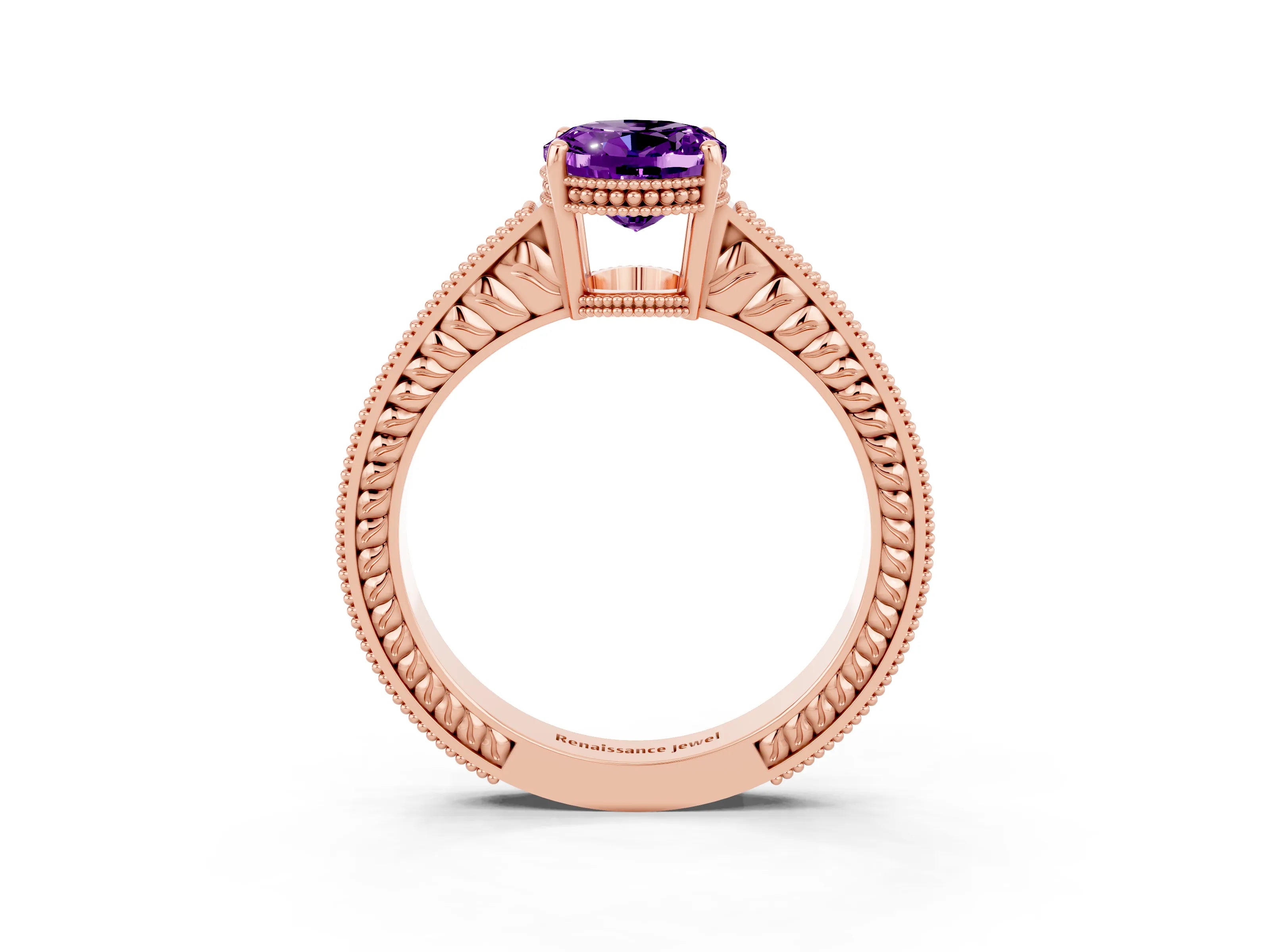 Rose gold Oval Cut Amethyst Engagement Ring with Milgrain Channel Set Band and Prong Setting_3