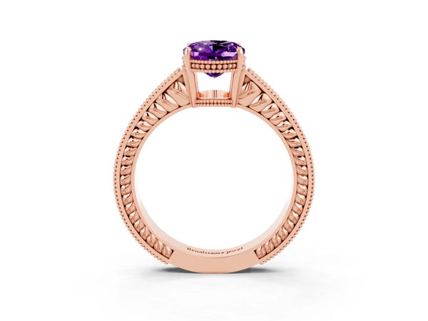Rose gold Oval Cut Amethyst Engagement Ring with Milgrain Channel Set Band and Prong Setting