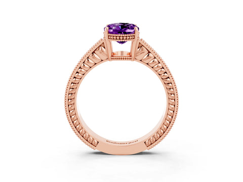 Rose gold Oval Cut Amethyst Engagement Ring with Milgrain Channel Set Band and Prong Setting_3