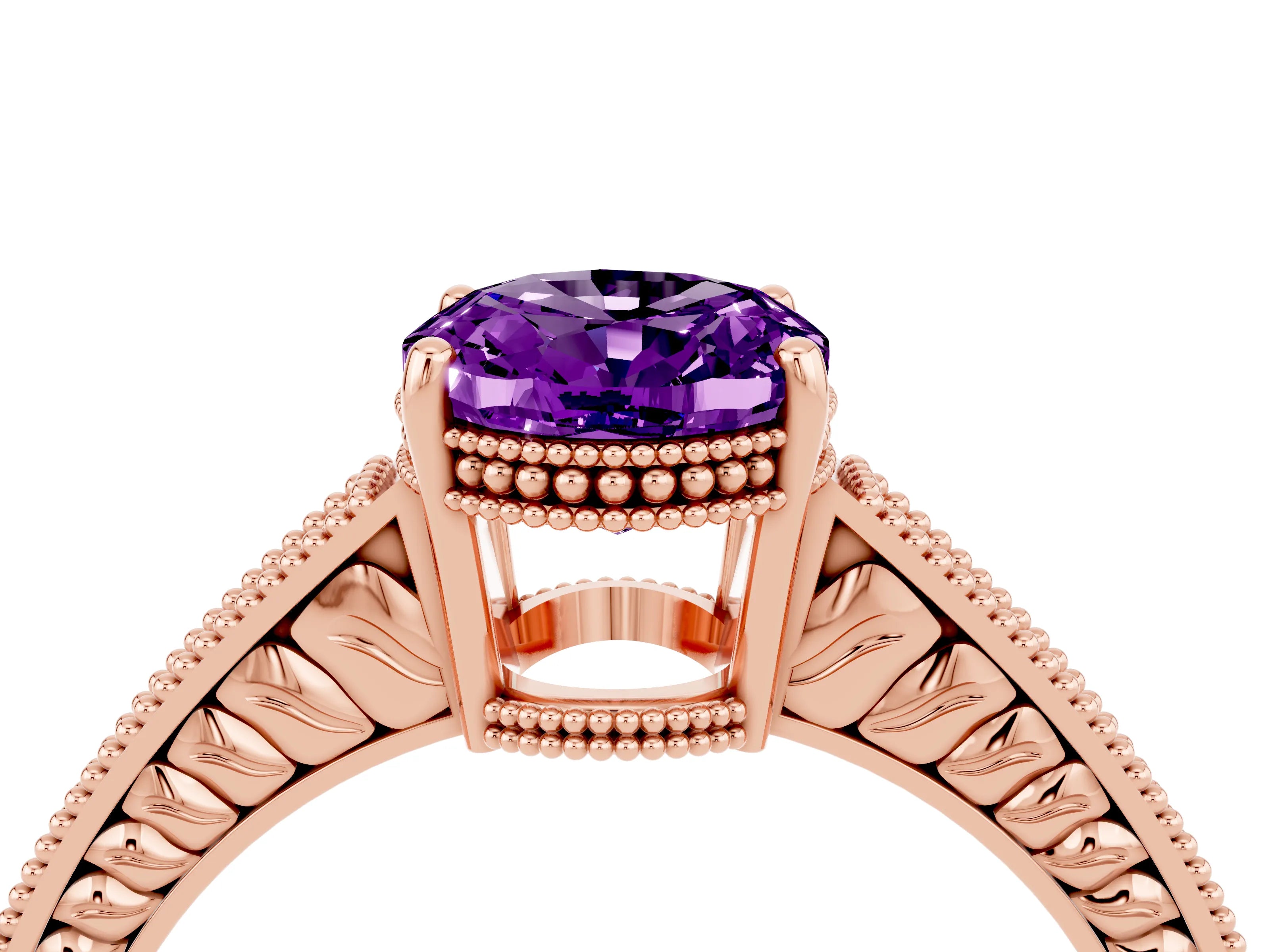 Rose gold Oval Cut Amethyst Engagement Ring with Milgrain Channel Set Band and Prong Setting_4