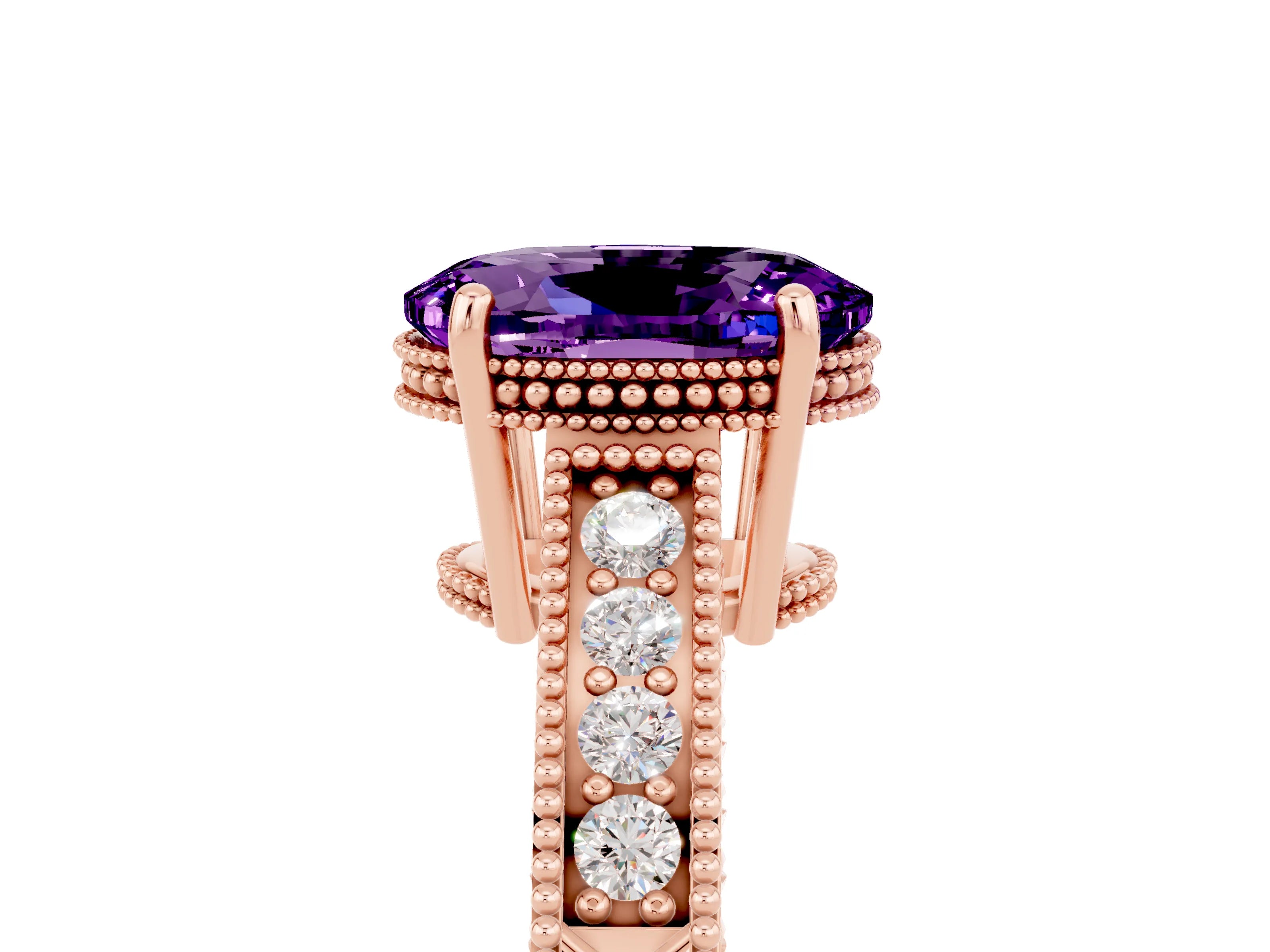 Rose gold Oval Cut Amethyst Engagement Ring with Milgrain Channel Set Band and Prong Setting_5