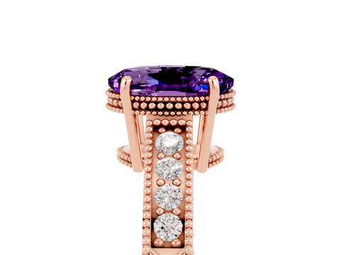 Rose gold Oval Cut Amethyst Engagement Ring with Milgrain Channel Set Band and Prong Setting_5