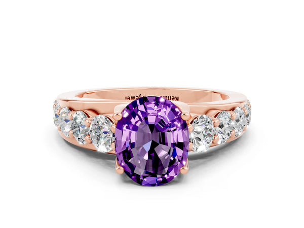 Rose gold Oval Cut Amethyst Engagement Ring with Pavé Band and Four-Prong Setting