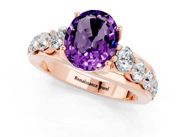 Rose gold Oval Cut Amethyst Engagement Ring with Pavé Band and Four-Prong Setting