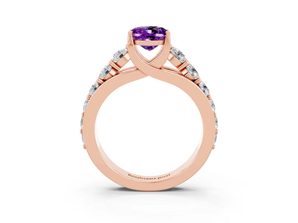 Rose gold Oval Cut Amethyst Engagement Ring with Pavé Band and Four-Prong Setting