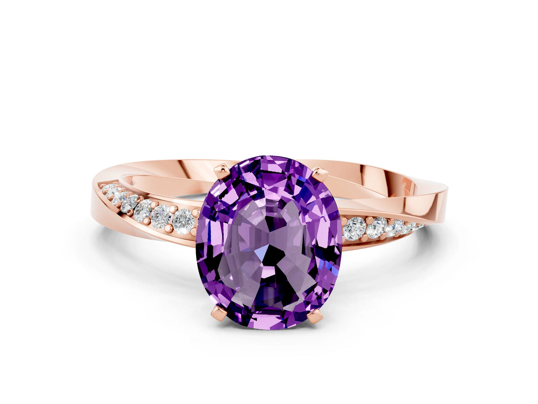 Rose gold Oval Cut Amethyst Engagement Ring with Side Stone Accents and Four-Prong Setting_27