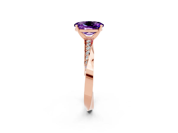 Rose gold Oval Cut Amethyst Engagement Ring with Side Stone Accents and Four-Prong Setting