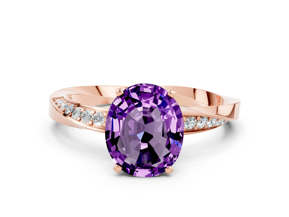 Rose gold Oval Cut Amethyst Engagement Ring with Side Stone Accents and Four-Prong Setting_60