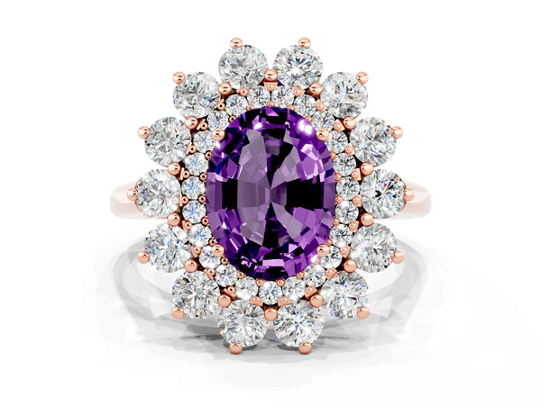Rose gold Oval Cut Amethyst Floral Double Halo Engagement Ring with Prong Setting