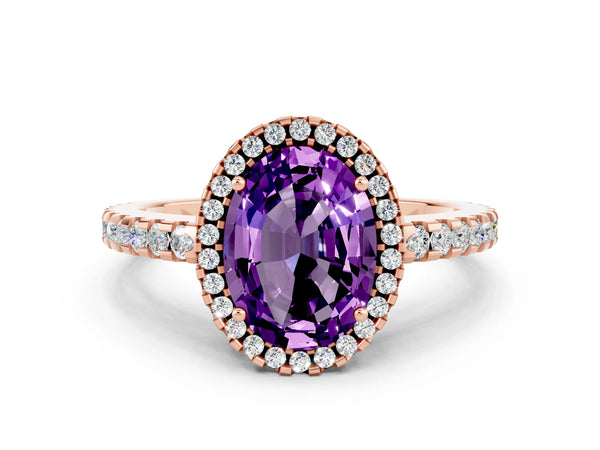 Rose gold Oval Cut Amethyst Halo Engagement Ring with Pavé Band and Prong Setting