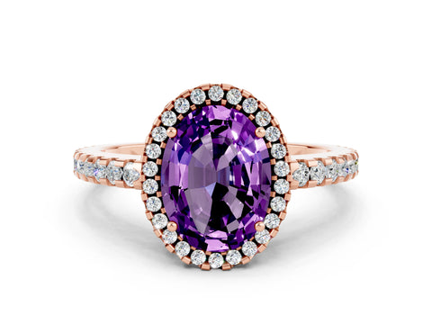Rose gold Oval Cut Amethyst Halo Engagement Ring with Pavé Band and Prong Setting_12