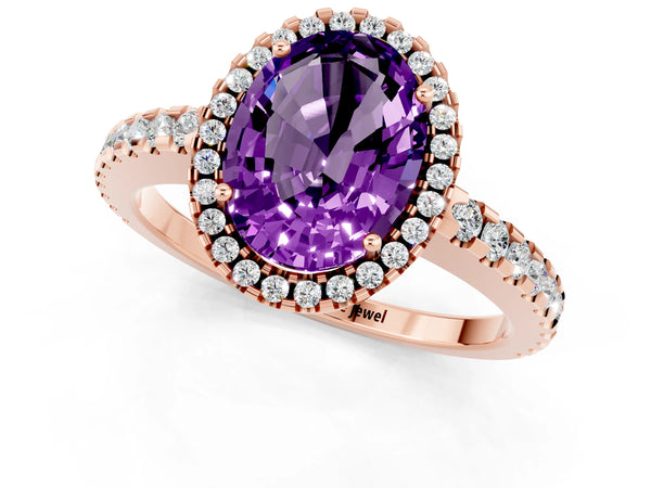 Rose gold Oval Cut Amethyst Halo Engagement Ring with Pavé Band and Prong Setting