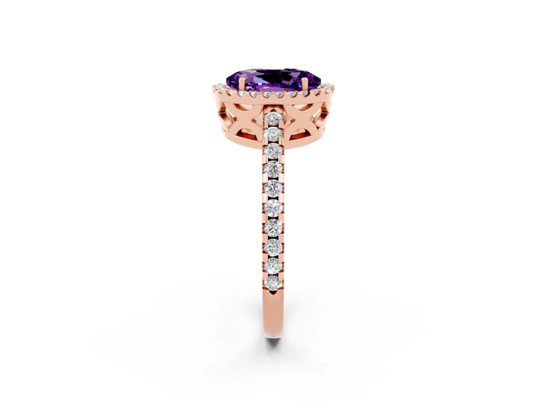 Rose gold Oval Cut Amethyst Halo Engagement Ring with Pavé Band and Prong Setting