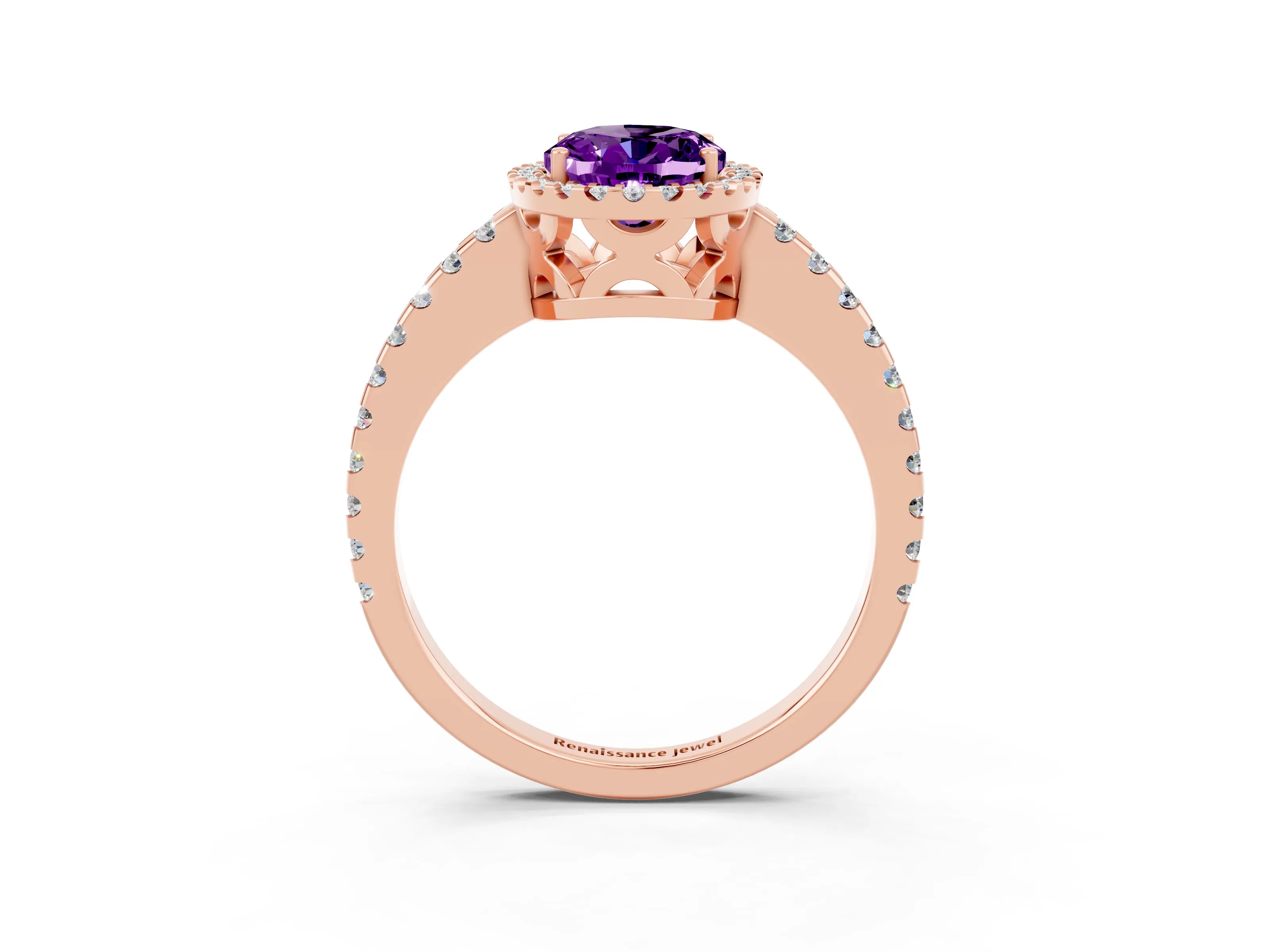Rose gold Oval Cut Amethyst Halo Engagement Ring with Pavé Band and Prong Setting_15