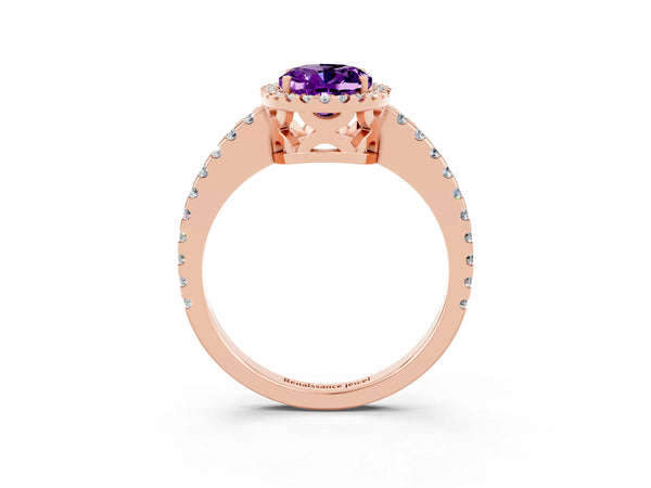 Rose gold Oval Cut Amethyst Halo Engagement Ring with Pavé Band and Prong Setting