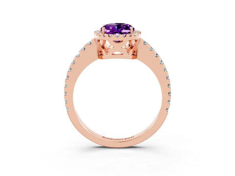 Rose gold Oval Cut Amethyst Halo Engagement Ring with Pavé Band and Prong Setting_15