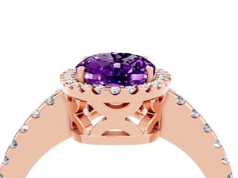 Rose gold Oval Cut Amethyst Halo Engagement Ring with Pavé Band and Prong Setting_16